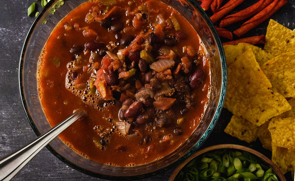 Piedmont BBQ Beef Chili in a Bowl with Chips