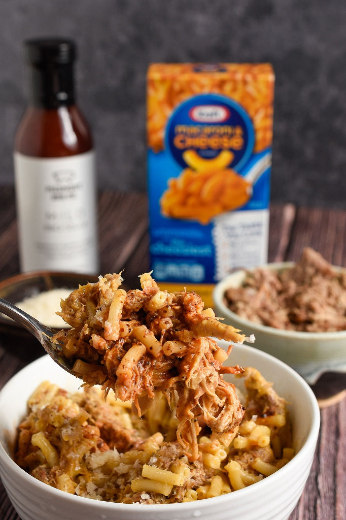 Macaroni and Cheese made with Piedmont BBQ Co Carolina Pulled Pork