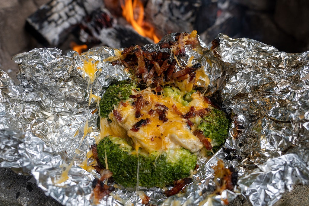 Campfire Broccoli Chicken Bake made with Piedmont BBQ Co Buttermilk Brined Pulled Chicken 