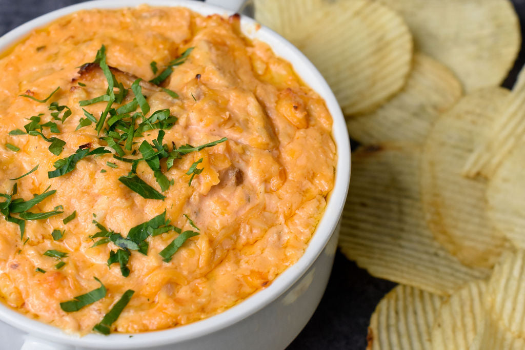 Buffalo Chicken Dip made with Buttermilk Brined Pulled Chicken