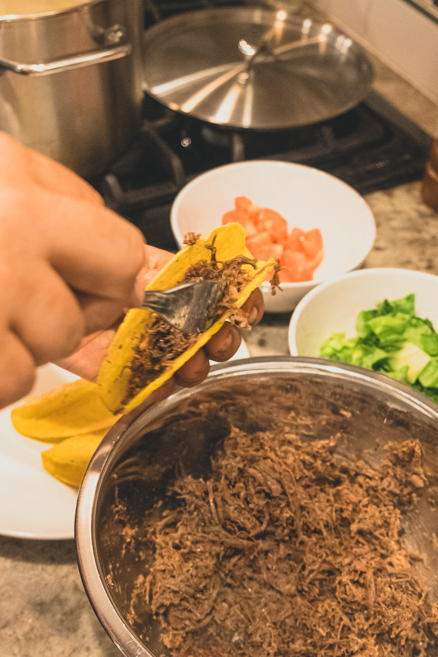 Hard shell tacos made with Piedmont BBQ Co Beef Barbacoa - Pickup at Our Kitchen